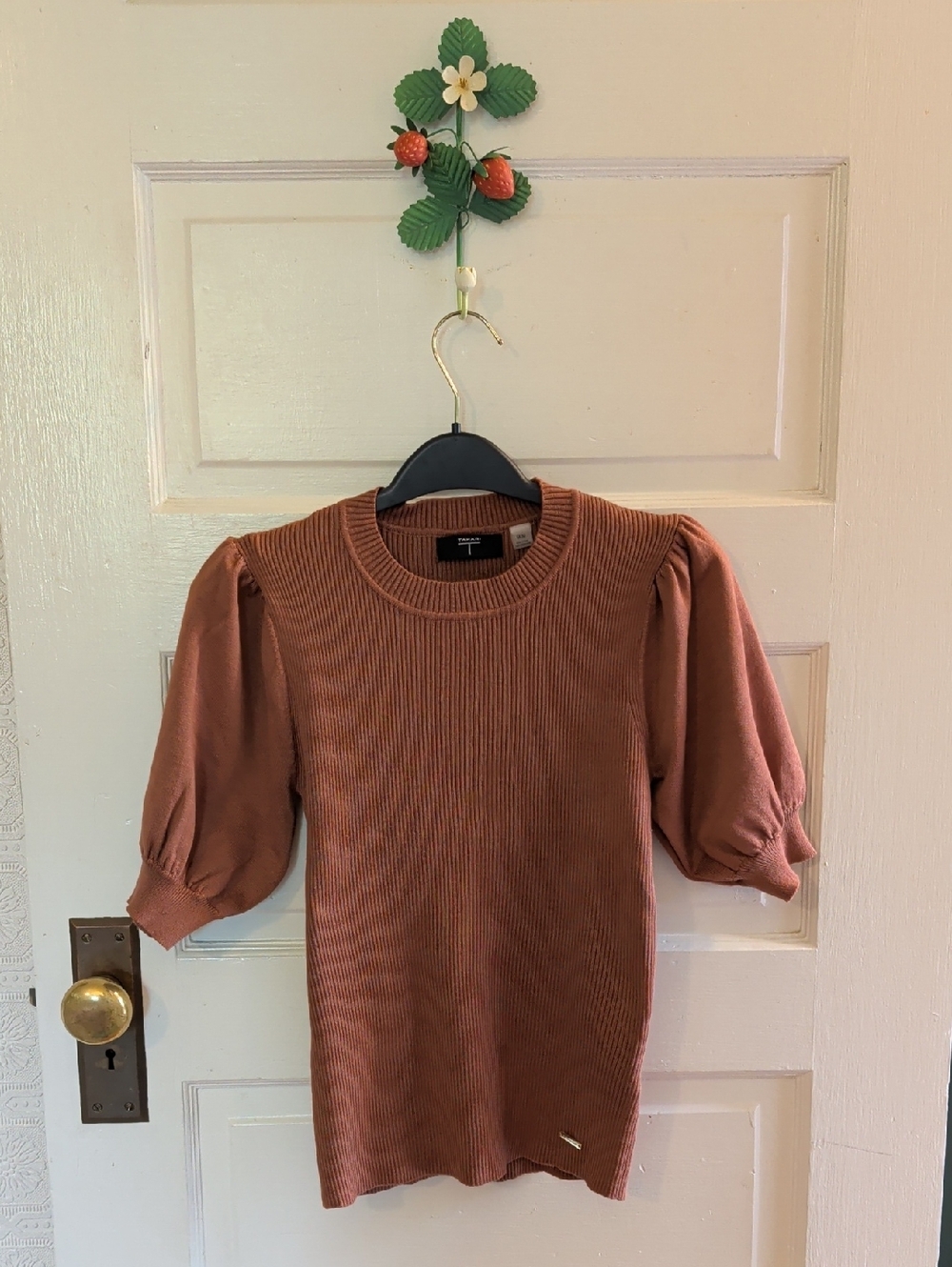 Ribbed Crewneck Short Puff Sleeve Sweater Dusty Rose Terracotta M